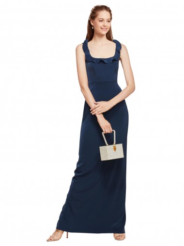 Comprar Azul marina oscuro Cubierta Cucharón Crepé Elástico Largo Formales Vestidos de dama de honor / Vestidos de fiesta