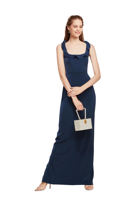 Comprar Azul marina oscuro Cubierta Cucharón Crepé Elástico Largo Formales Vestidos de dama de honor / Vestidos de fiesta