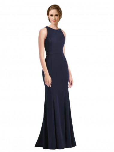 Comprar Azul marina oscuro Cubierta Cucharón Cuello Alto Crepé Elástico Largo Vestidos de dama de honor / Vestidos de fiesta
