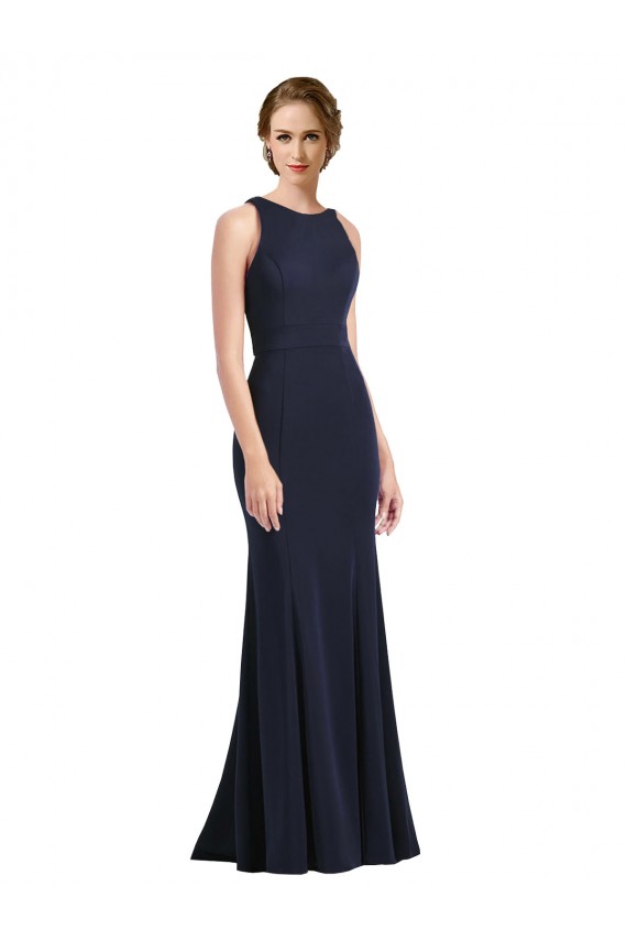 Comprar Azul marina oscuro Cubierta Cucharón Cuello Alto Crepé Elástico Largo Vestidos de dama de honor / Vestidos de fiesta