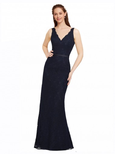 Comprar Azul marina oscuro Cubierta Cuello en V Encaje Largo Vestidos de dama de honor