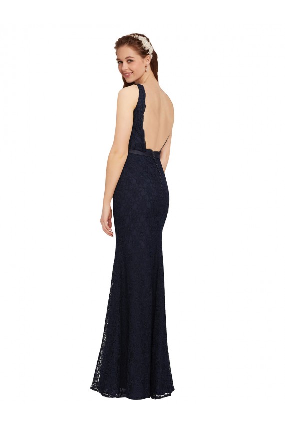 Comprar Azul marina oscuro Cubierta Cuello en V Encaje Largo Vestidos de dama de honor