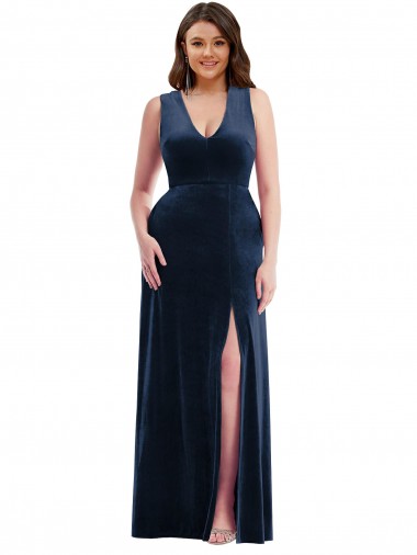 Comprar Azul marina oscuro Cubierta Cuello en V Terciopelo Elástico Largo Formales Vestidos de dama de honor / Vestidos de fiesta