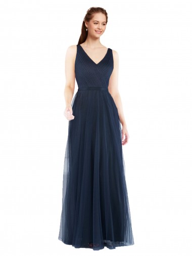 Comprar Azul marina oscuro Cubierta Cuello en V Tul Largo Vestidos de dama de honor