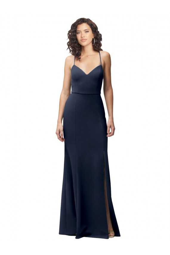 Comprar Azul marina oscuro Cubierta Tirantes espagueti Crepé Elástico Largo Formales Vestidos de dama de honor / Vestidos de fiesta