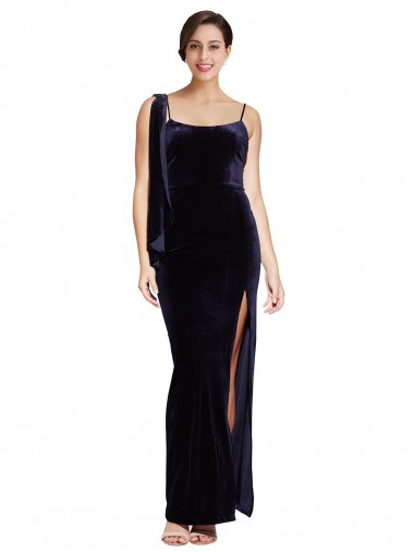 Comprar Azul marina oscuro Cubierta Tirantes espagueti Cuadrado Terciopelo Elástico Largo Formales Vestidos de dama de honor / Vestidos de fiesta