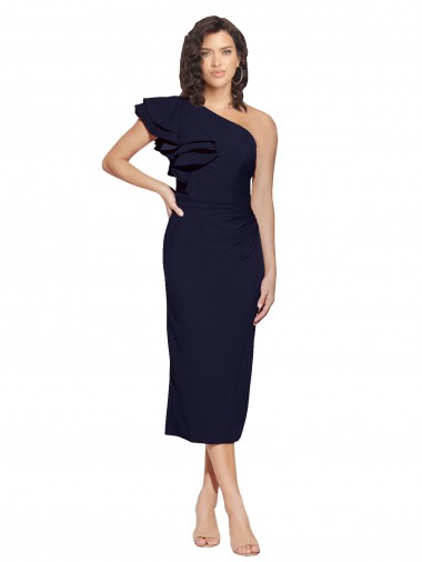 Comprar Azul marina oscuro Cubierta Un Hombre Midi Crepé Elástico Corto Formales Vestidos de dama de honor / Vestidos de fiesta / Vestidos de cóctel
