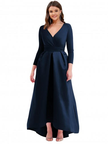 Comprar Azul marina oscuro Cuello en V Spandex Largo Asimétrico Formales Vestidos de dama de honor / Vestidos de fiesta