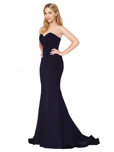 Comprar Azul marina oscuro Sirena Cuello Alto Barrer tren Crepé Elástico Largo Formales Vestidos de dama de honor / Vestidos de fiesta