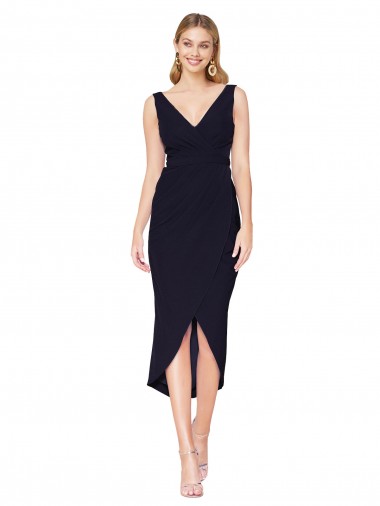 Comprar Azul marina oscuro Sirena Cuello en V Cuello Alto Crepé Elástico Corto Asimétrico Formales Vestidos de dama de honor / Vestidos de fiesta / Vestidos de cóctel