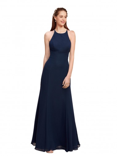 Comprar Azul marina oscuro Sirena Halter Cuello Alto Gasa Largo Vestidos de dama de honor / Vestidos de fiesta