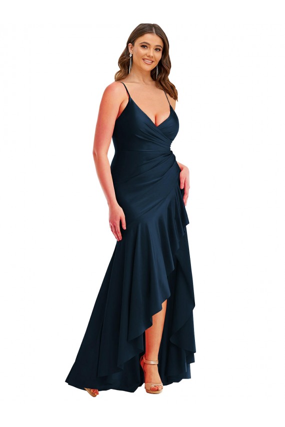 Comprar Azul marina oscuro Sirena Tirantes espagueti Satén sedoso Largo Asimétrico Formales Vestidos de dama de honor / Vestidos de fiesta