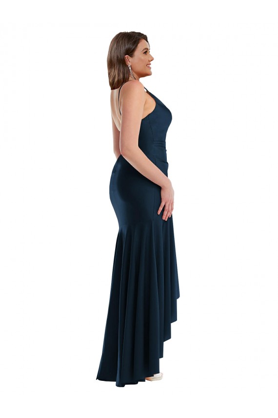 Comprar Azul marina oscuro Sirena Tirantes espagueti Satén sedoso Largo Asimétrico Formales Vestidos de dama de honor / Vestidos de fiesta