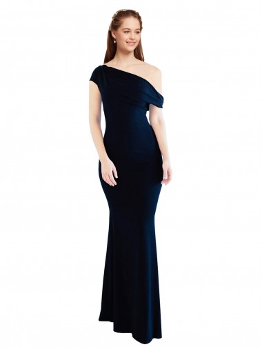Comprar Azul marina oscuro Sirena Un Hombre Crepé Elástico Largo Formales Vestidos de dama de honor / Vestidos de fiesta