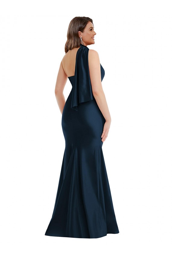 Comprar Azul marina oscuro Sirena Un Hombre Halter Satén sedoso Largo Formales Vestidos de dama de honor / Vestidos de fiesta