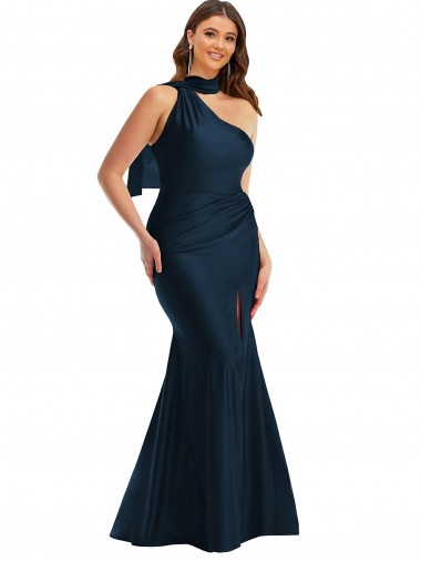 Comprar Azul marina oscuro Sirena Un Hombre Halter Satén sedoso Largo Formales Vestidos de dama de honor / Vestidos de fiesta