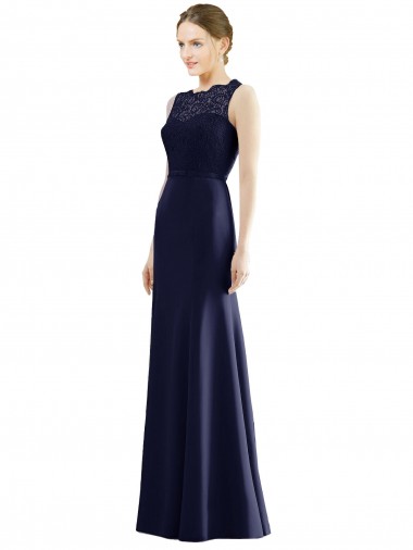 Comprar Azul marina oscuro Sirena Ilusión Gasa Encaje Largo Vestidos de dama de honor