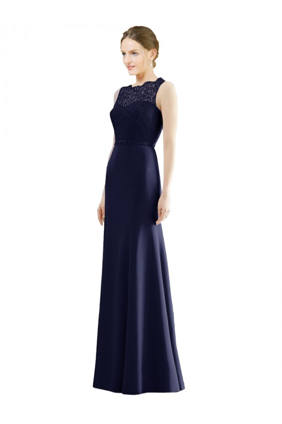 Comprar Azul marina oscuro Sirena Ilusión Gasa Encaje Largo Vestidos de dama de honor