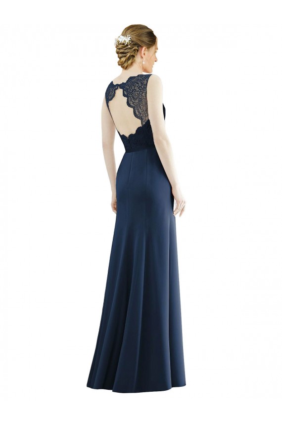 Comprar Azul marina oscuro Sirena Ilusión Gasa Encaje Largo Vestidos de dama de honor