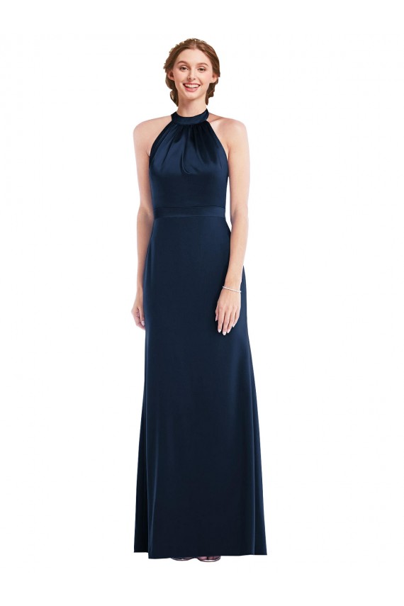 Comprar Azul marina oscuro Trompeta Cuello Alto Crepé Elástico Largo Vestidos de dama de honor / Vestidos de fiesta