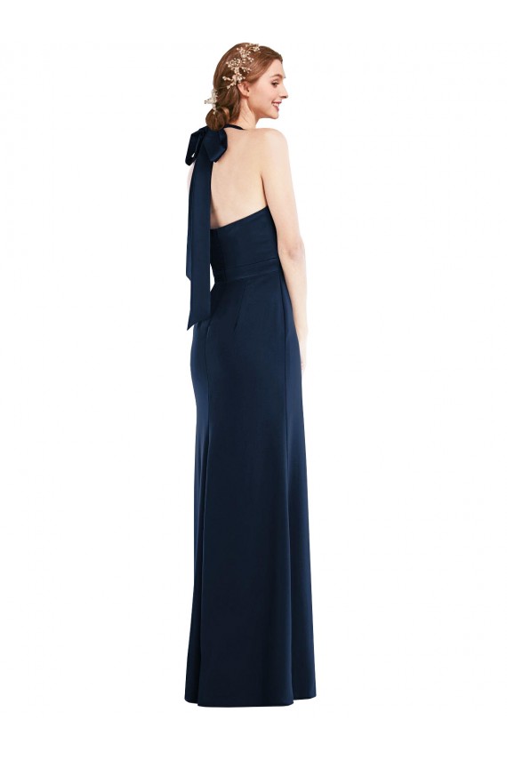 Comprar Azul marina oscuro Trompeta Cuello Alto Crepé Elástico Largo Vestidos de dama de honor / Vestidos de fiesta