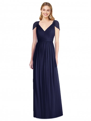 Comprar Azul marina oscuro Trompeta Cuello en V Gasa Largo Vestidos de dama de honor