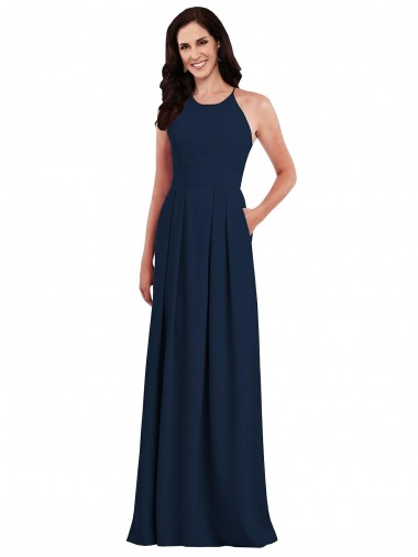 Comprar Azul marina oscuro Trompeta Halter Crepé Elástico Largo Vestidos de dama de honor