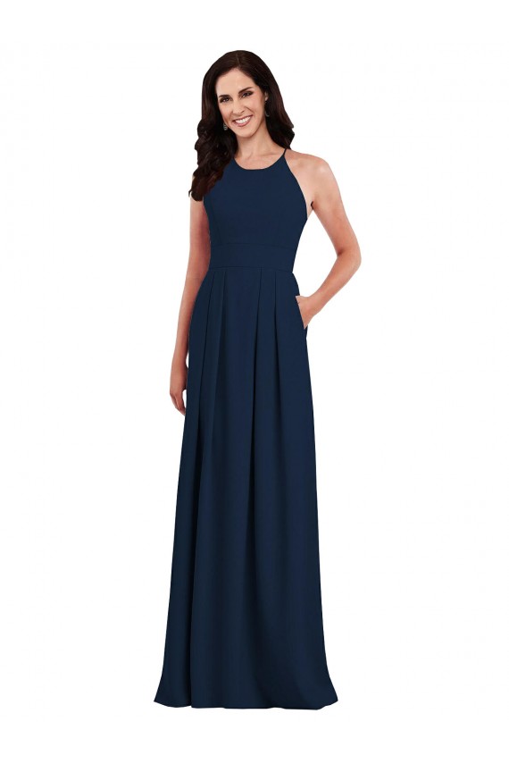 Comprar Azul marina oscuro Trompeta Halter Crepé Elástico Largo Vestidos de dama de honor