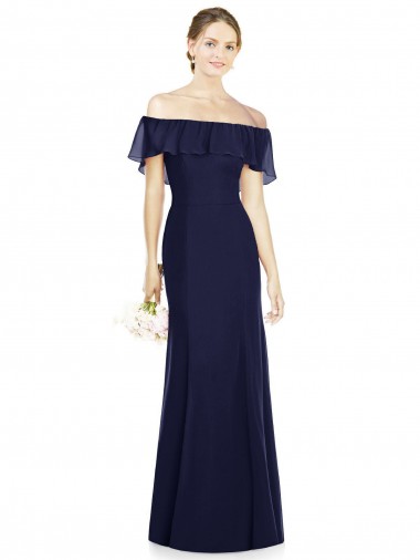 Comprar Azul marina oscuro Trompeta Hombros Descubiertos Gasa Largo Vestidos de dama de honor
