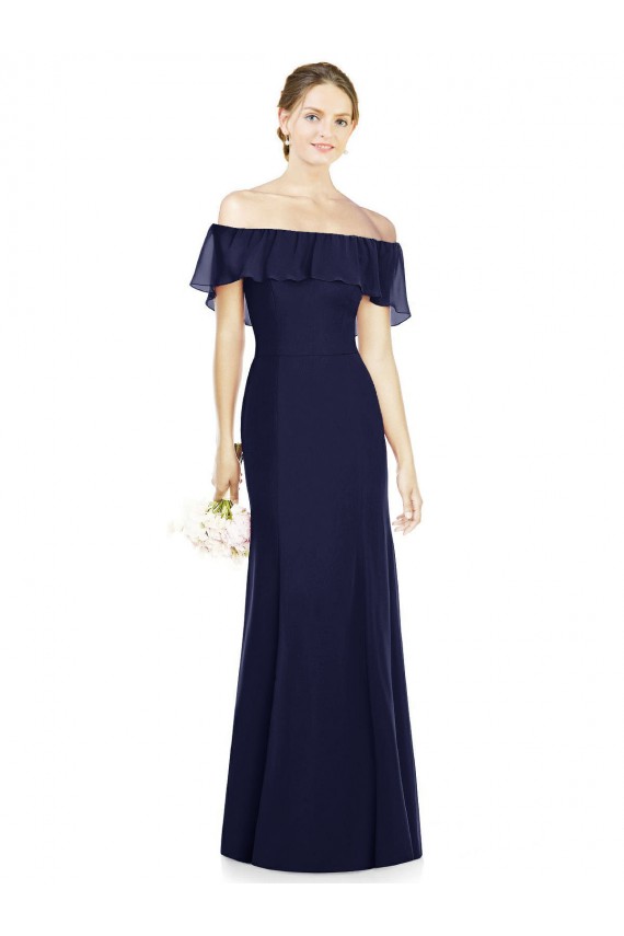 Comprar Azul marina oscuro Trompeta Hombros Descubiertos Gasa Largo Vestidos de dama de honor