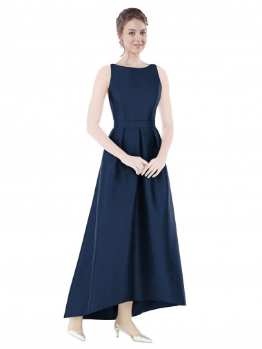 Comprar Azul marina oscuro línea A Barco Satén Largo Asimétrico Vestidos de dama de honor