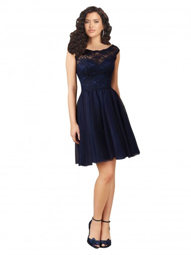 Comprar Azul marina oscuro línea A Barco Tul Encaje Corto Vestidos de dama de honor / Vestidos de cóctel