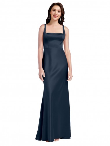Comprar Azul marina oscuro línea A Cuadrado Satén elástico Largo Formales Vestidos de dama de honor / Vestidos de fiesta