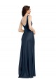 Comprar Azul marina oscuro línea A Cuadrado Satén elástico Largo Formales Vestidos de dama de honor / Vestidos de fiesta