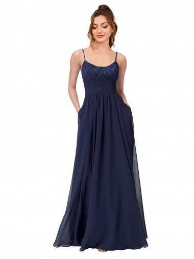 Comprar Azul marina oscuro línea A Cucharón Gasa Encaje Largo Vestidos de dama de honor