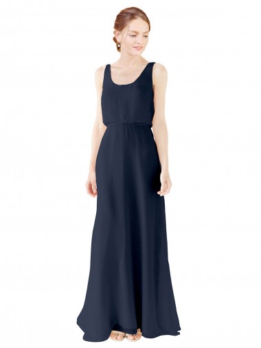 Comprar Azul marina oscuro línea A Cucharón Gasa Largo Vestidos de dama de honor