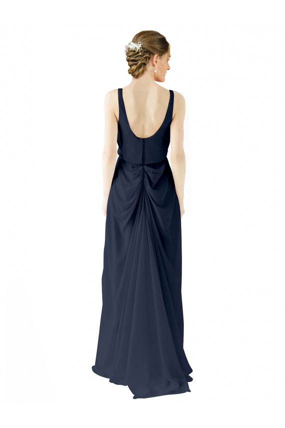 Comprar Azul marina oscuro línea A Cucharón Gasa Largo Vestidos de dama de honor