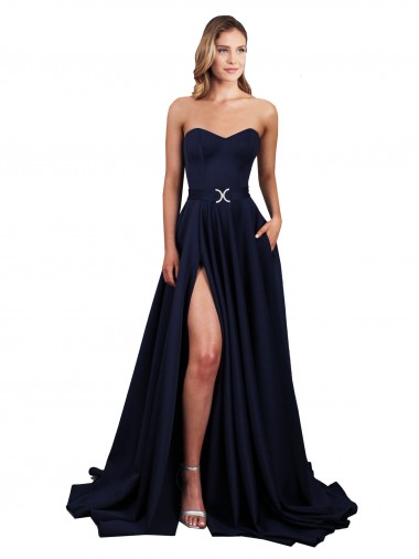 Comprar Azul marina oscuro línea A Cuello Alto Crepé Elástico Largo Formales Vestidos de dama de honor / Vestidos de fiesta