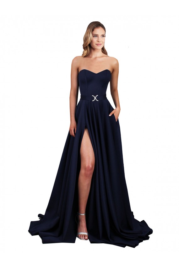 Comprar Azul marina oscuro línea A Cuello Alto Crepé Elástico Largo Formales Vestidos de dama de honor / Vestidos de fiesta