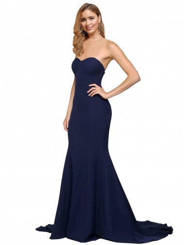 Comprar Azul marina oscuro línea A Cuello de Corazón Barrer tren Crepé Elástico Largo Formales Vestidos de dama de honor / Vestidos de fiesta