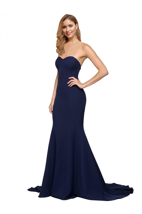 Comprar Azul marina oscuro línea A Cuello de Corazón Barrer tren Crepé Elástico Largo Formales Vestidos de dama de honor / Vestidos de fiesta