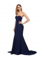 Comprar Azul marina oscuro línea A Cuello de Corazón Barrer tren Crepé Elástico Largo Formales Vestidos de dama de honor / Vestidos de fiesta