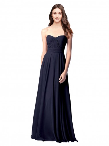 Comprar Azul marina oscuro línea A Cuello de Corazón Sin tirantes Gasa Largo Vestidos de dama de honor