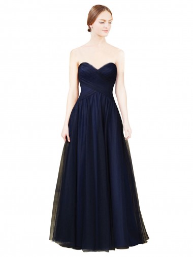 Comprar Azul marina oscuro línea A Cuello de Corazón Sin tirantes Tul Largo Vestidos de dama de honor