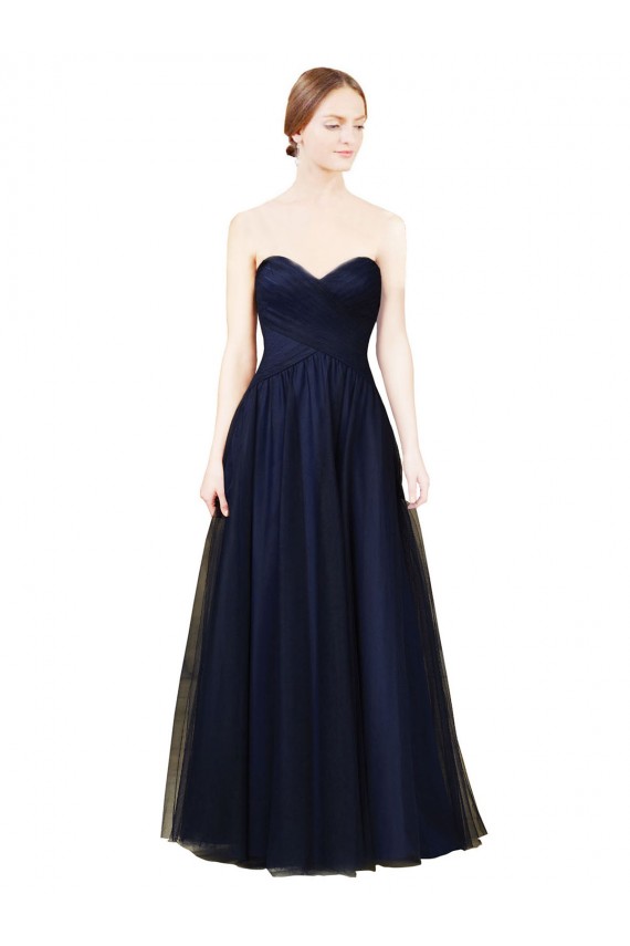 Comprar Azul marina oscuro línea A Cuello de Corazón Sin tirantes Tul Largo Vestidos de dama de honor