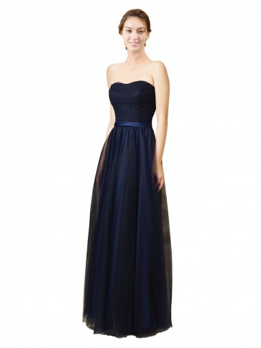Comprar Azul marina oscuro línea A Cuello de Corazón Sin tirantes Tul Largo Vestidos de dama de honor