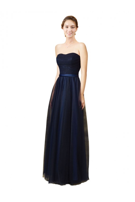 Comprar Azul marina oscuro línea A Cuello de Corazón Sin tirantes Tul Largo Vestidos de dama de honor