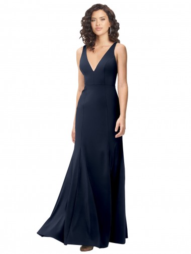 Comprar Azul marina oscuro línea A Cuello en V Cuello Alto Crepé Elástico Largo Formales Vestidos de dama de honor / Vestidos de fiesta
