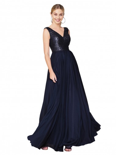 Comprar Azul marina oscuro línea A Cuello en V Cuello Alto Gasa Lentejuela Largo Vestidos de dama de honor / Vestidos de fiesta