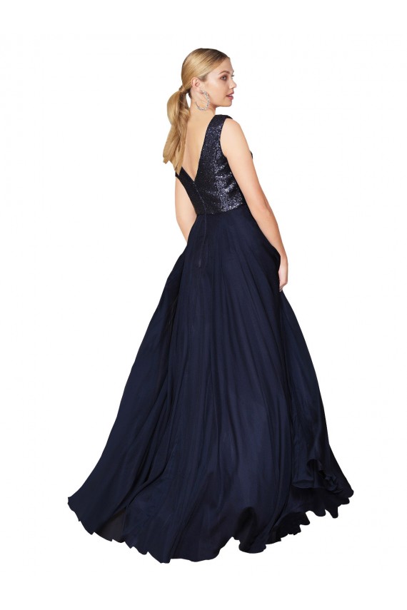 Comprar Azul marina oscuro línea A Cuello en V Cuello Alto Gasa Lentejuela Largo Vestidos de dama de honor / Vestidos de fiesta